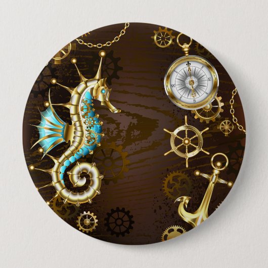 機械的な海馬が付いた木製の背景 缶バッジ (正面)