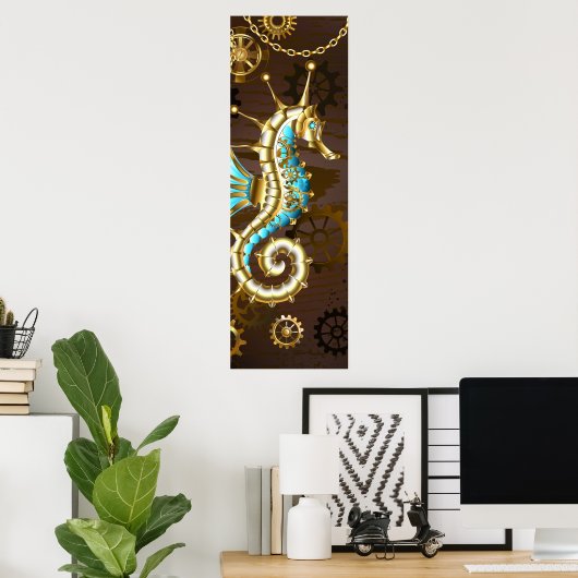 機械的な海馬のある木製の背景 ポスター (ホームオフィス)