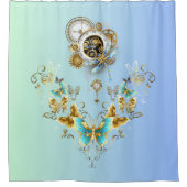 機械的な静けさ：ティール（緑がかった色）スティームパンクのグラフィックアート シャワーカーテン (正面)