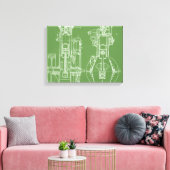 機械的スケッチヴィンテージ青写真ホワイトカスタム キャンバスプリント (インサイチュ (リビング))