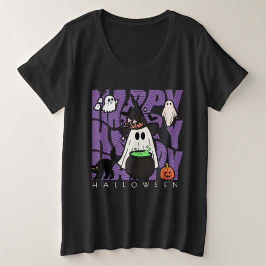 機転おもしろい | ハッピーハローウィン魔法&いたずら プラスサイズTシャツ (デザイン正面)