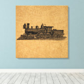 機関車列車ヴィンテージ蒸気機関及び地図スタイル キャンバスプリント (インサイチュ (ウッドフロア))