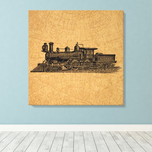 機関車列車ヴィンテージ蒸気機関及び地図スタイル キャンバスプリント (インサイチュ (ウッドフロア))
