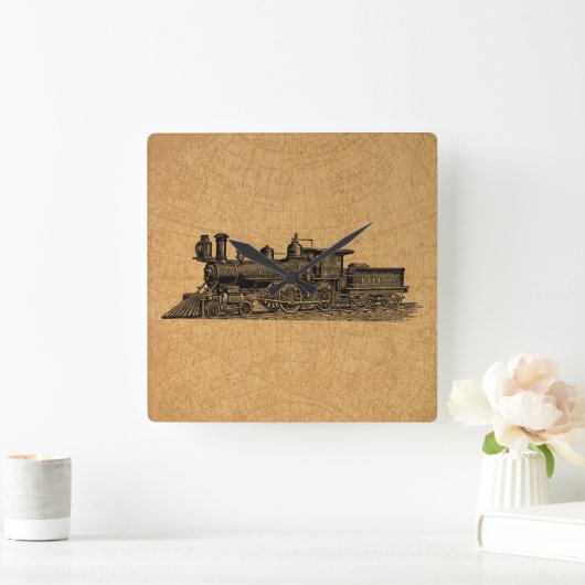 機関車列車ヴィンテージ蒸気機関及び地図スタイル スクエア壁時計 (ホーム)