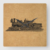 機関車列車ヴィンテージ蒸気機関及び地図スタイル スクエア壁時計 (正面)