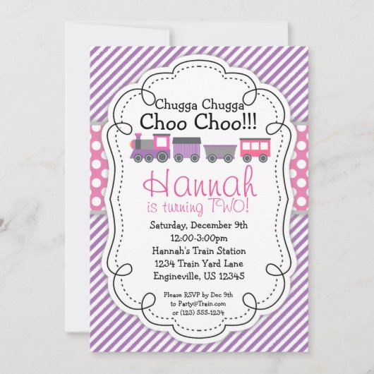 機関車 パープルストライプ ピンクポルカドット 誕生日 招待状 (正面)