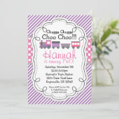 機関車 パープルストライプ ピンクポルカドット 誕生日 招待状 (スタンド正面)