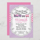 機関車 パープルストライプ ピンクポルカドット 誕生日 招待状 (正面/裏面)