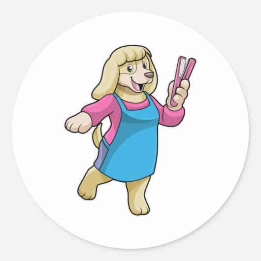 櫛で理容師をする犬 ラウンドシール (正面)