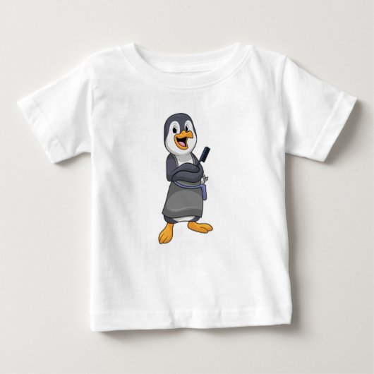 櫛で美容師するペンギン ベビーTシャツ (正面)