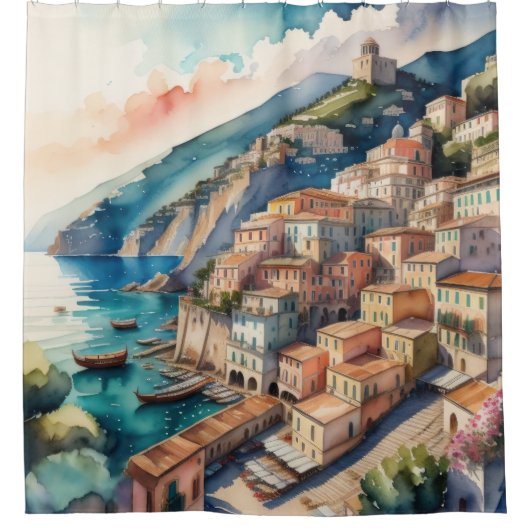 欧州市絵画の水彩画地中海の色 シャワーカーテン (正面)