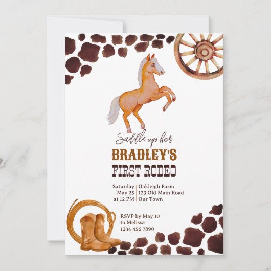 欧米の最初のロデオは馬の誕生日パーティーをサドル 招待状 (正面)