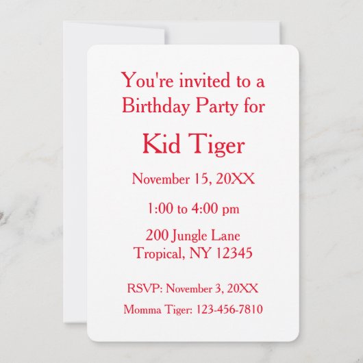 歌うトラの誕生日のパーティの招待状 招待状 (裏面)