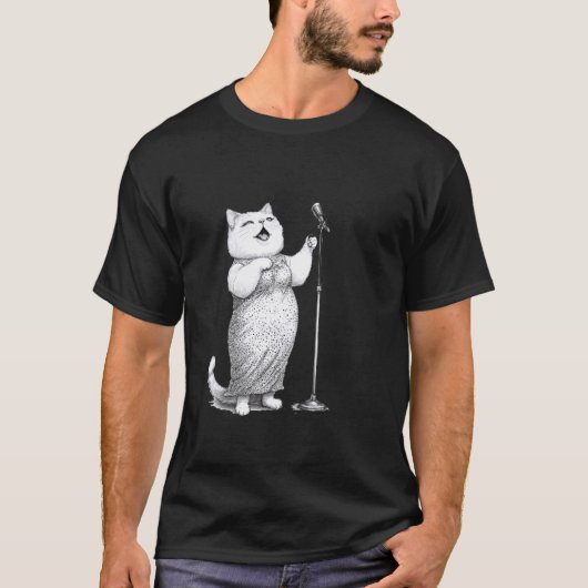 歌うネコ マイク ステージ スター 楽しい Tシャツ (正面)