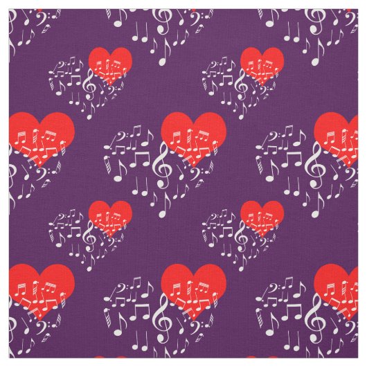 歌うハートパターン。紫の上の白いメモ ファブリック (見本)