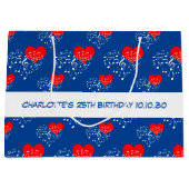 歌うハートパターン。赤いハート、ホワイトノート ラージペーパーバッグ (正面)