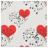 歌うハートパターン。赤いハート、黒いメモ ファブリック (クローズアップ)