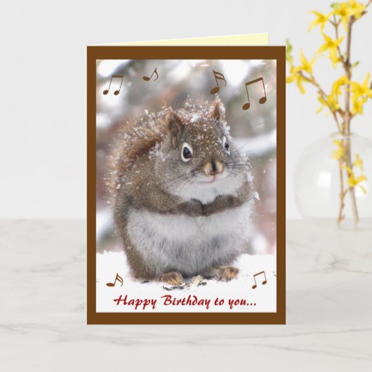 歌うリスの誕生日 カード (黄色い花)