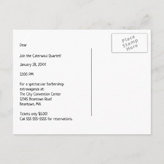 歌う猫四重奏コンサート招待状の個人設定 インビテーションポストカード (裏面)