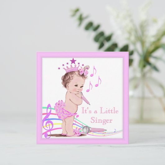 歌う赤ちゃんシャワーかわいい女の子ピンクの音楽 招待状 (スタンド正面)