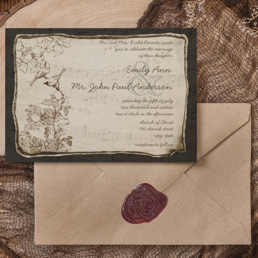 歌う音楽のノートヴィンテージラブバード結婚ズ 招待状