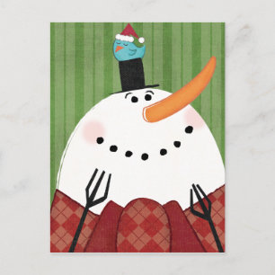 歌う鳥が付いているクリスマスの雪だるま シーズンポストカード