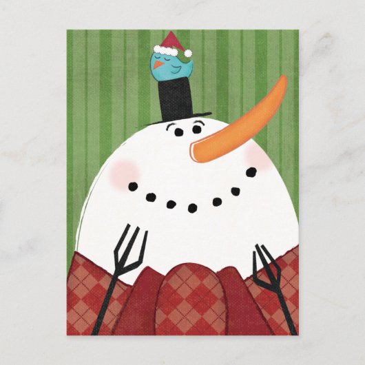 歌う鳥が付いているクリスマスの雪だるま シーズンポストカード (正面)