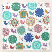 歌う鳥と曼荼羅かわいいフォークアートパターン ガラスコースター (正面)