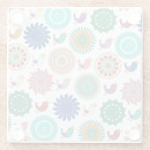 歌う鳥と曼荼羅かわいいフォークアートパターン ガラスコースター (裏面)