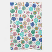 歌う鳥と曼荼羅かわいいフォークアートパターン キッチンタオル (縦)