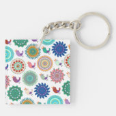 歌う鳥と曼荼羅かわいいフォークアートパターン キーホルダー (裏面)