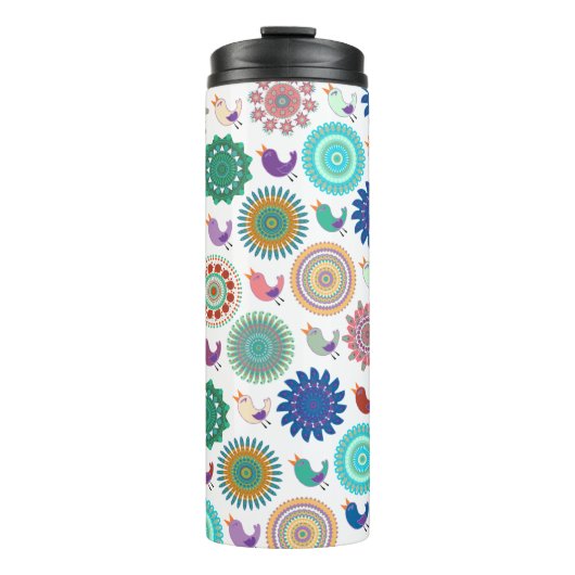 歌う鳥と曼荼羅かわいいフォークアートパターン タンブラー (正面)