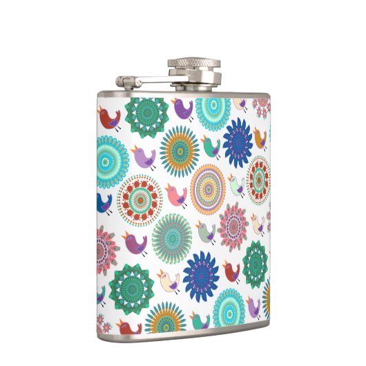 歌う鳥と曼荼羅かわいいフォークアートパターン フラスク (右)