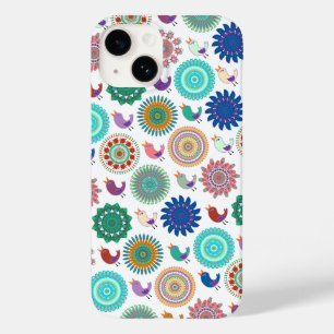歌う鳥と曼荼羅かわいいフォークアートパターン Case-Mate iPhone 14ケース