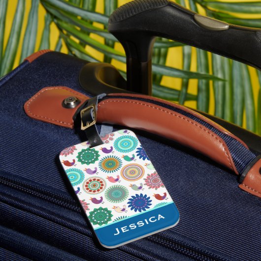 歌う鳥と曼荼羅のフォークのパターンパーソナライズされた ラゲッジタグ (正面インサイチュ1)