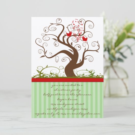 歌う鳥の木の渦巻きクリスマスパーティの招待状 招待状 (スタンド正面)