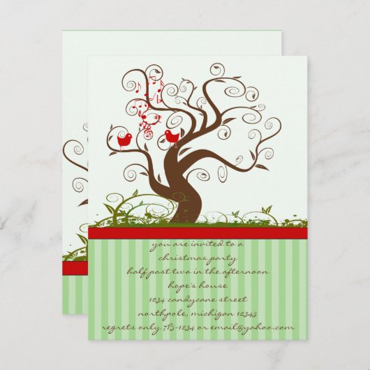 歌う鳥の木の渦巻きクリスマスパーティの招待状 招待状 (正面/裏面)