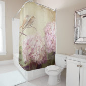 歌の鳥の枝ピンクのアジサイによってはヴィンテージが開花します シャワーカーテン (インサイチュ)