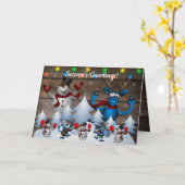 歌を歌う霜の降りた雪だるまとトナカイ カード (黄色い花)