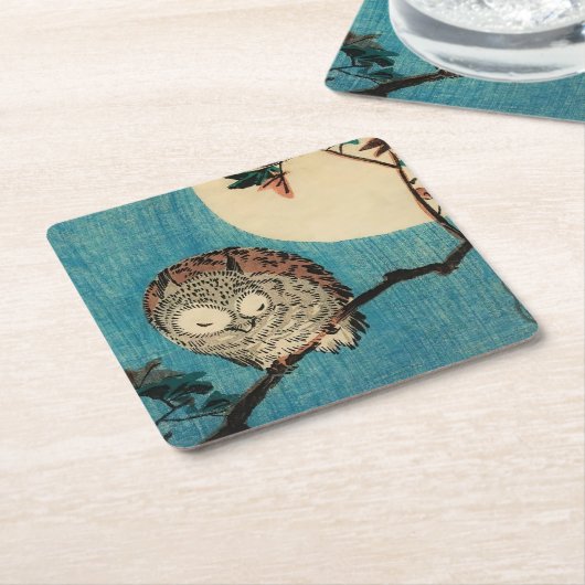 歌川広重 – フクロウのカエデの枝 スクエアペーパーコースター (アングル)