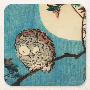 歌川広重 – フクロウのカエデの枝 スクエアペーパーコースター