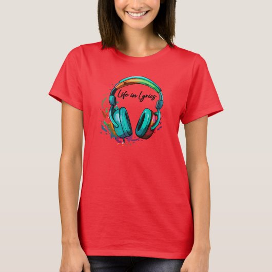 "歌詞の中の人生" マルチカラー ヘッドホン アート Tシャツ (正面)