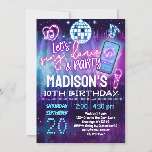 歌、ダンス&パーティーガールズミュージック誕生日パーティー 招待状 (正面)