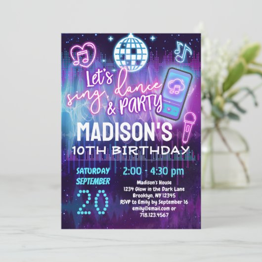 歌、ダンス&パーティーガールズミュージック誕生日パーティー 招待状 (スタンド正面)