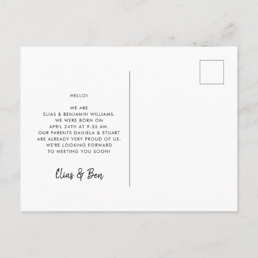 歓喜の双子の誕生の発表を2倍にする ポストカード (裏面)