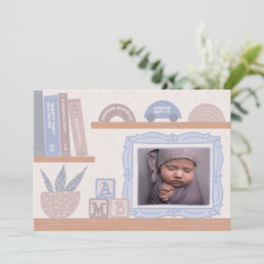 歓喜の束の図解入りの、写真付きの誕生のお知らせ 招待状 (スタンド正面)