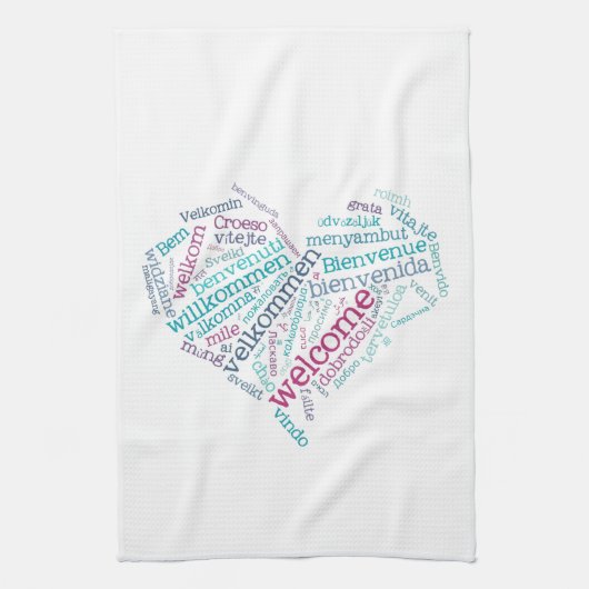 歓迎されたハート(多くの言語)の台所タオル キッチンタオル (縦)