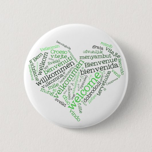 歓迎されたハート(多くの言語)ボタン 缶バッジ (正面)