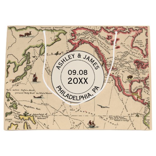 歓迎されたバッグの結婚、ヴィンテージの世界の冒険の地図 ラージペーパーバッグ (正面)