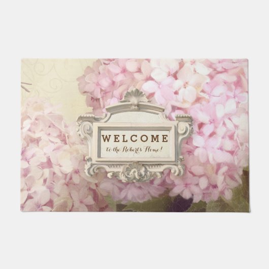 歓迎されたパーソナライズなヴィンテージのスタイルのピンクのアジサイ ドアマット (正面)